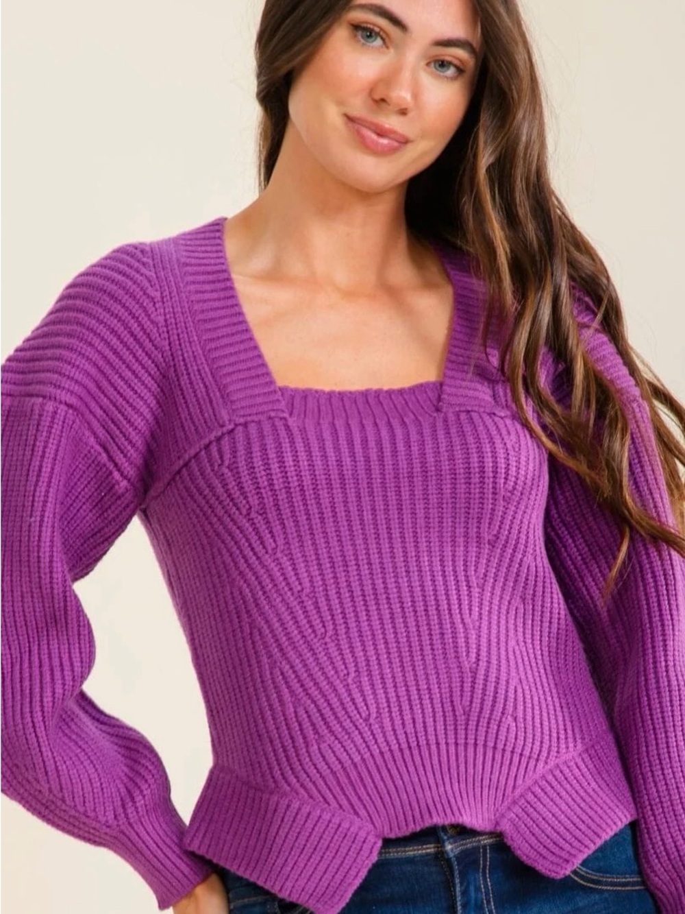 A554. Square Neck Ribbed Sweater - Purple - Picture 2 of 4